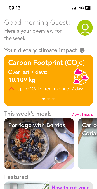 Screenshot of the Floop app showing carbon footprint of last 7 days in kg and an overview of this week's meals.