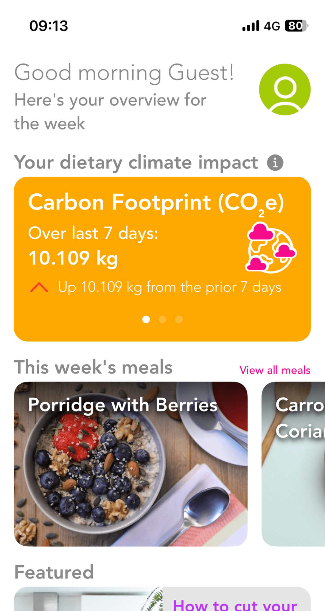 Screenshot of the Floop app showing carbon footprint of last 7 days in kg and an overview of this week's meals.