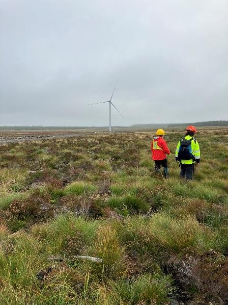 Two men in a field with a wind turbine

Description automatically generated