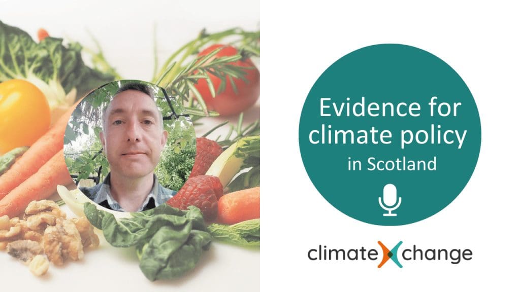 Evidence for climate policy in Scotland by ClimateXChange. Photo of Dr Nick Nash and fresh food.