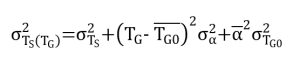 An image of equation 3, which reads: "σ" _("T" _"S" ("T" _"G" ))^"2" "=" "σ" _("T" _"S" )^"2" "+" ("T" _"G" "- " ¯("T" _"G0" ))^"2" "σ" _"α" ^"2" "+" ¯("α" )^"2" "σ" _("T" _"G0" )^"2"