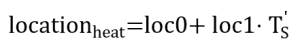 An image of equation 4, which reads: "locatio" "n" _"heat" "=loc0+ loc1⋅ " "T" _"S" ^"'" " "