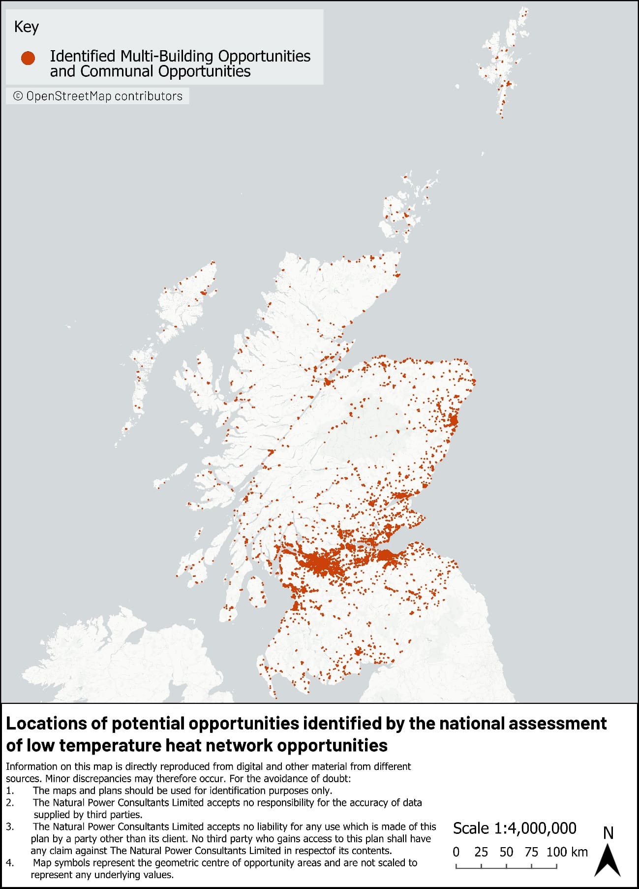 A map showing the distribution of Multi- building and Communal opportunities across all of Scotland. Large clusters of opportunities are shown around the dense urban city areas but there are opportunities visible on a large majority of the islands and within the more rural highland areas.