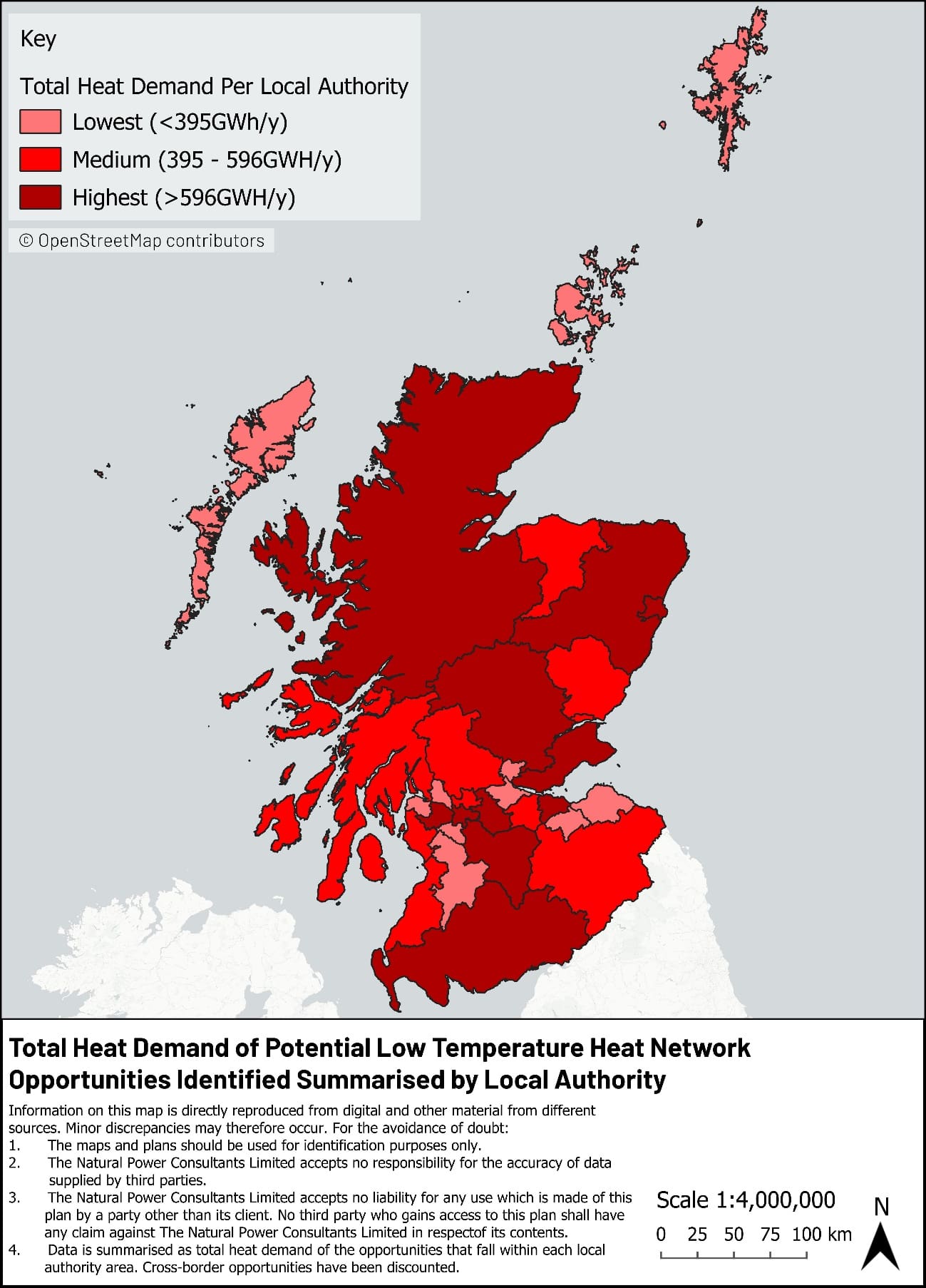 A map showing the total heat demand per local authority across all of Scotland. The map uses three shades of red to categorise demand into a lowest, medium and highest band. The map shows a high concentration of "highest" demand across the central belt, northeast coast and highlands. With the "lowest" representing more of the rural islands and areas towards the Scottish borders