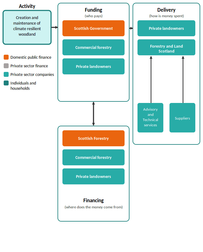 A flow diagram illustrating delivery arrangements for climate adaptation in woodland creation, using four actor types indicated by colour: orange for domestic public finance, grey for private sector finance, light teal for private sector companies, and dark teal for individuals and households. The starting point is an Activity box (light teal) labelled 'Creation and maintenance of climate resilient woodland', which feeds rightward into the Funding group. The Funding group (who pays) contains three stacked boxes: an orange 'Scottish Government' box, a light teal 'Commercial forestry' box, and a light teal 'Private landowners' box. A two-way arrow connects the Funding group downward to the Financing group, indicating that funding and financing sources are interlinked. The Financing group (where does the money come from) contains three stacked boxes reflecting the sources of finance: an orange 'Scottish Forestry' box, a light teal 'Commercial forestry' box, and a light teal 'Private landowners' box, indicating a mix of public and private financing. The Funding group connects rightward into the Delivery group (how is money spent), which contains two delivery boxes: a light teal 'Private landowners' box and an orange 'Forestry and Land Scotland' box. Both draw on two light teal supply input boxes below: 'Advisory and Technical services' and 'Suppliers'.
