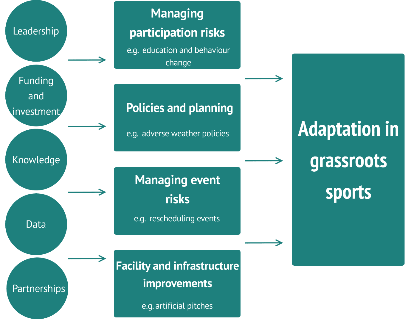 Infographic showing how different areas of support contribute to adaptation in grassroots sports. On the left, five circular labels list key enablers: Leadership; Funding and investment; Knowledge; Data; and Partnerships. Arrows point from these to corresponding adaptation action categories in rectangular labels. These are: Managing participation risks, such as education and behaviour change; Policies and planning, such as adverse weather policies; Managing event risks, such as rescheduling events; and Facility and infrastructure improvements, such as artificial pitches. Arrows point from the action categories to a larger box on the right labelled ‘Adaptation in grassroots sports’.