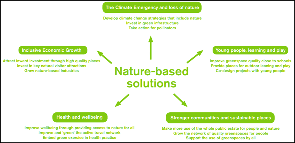 Diagram showing nature-based solutions at the centre, linked to five benefits: addressing the climate emergency, supporting young people, creating stronger communities, improving health and wellbeing, and promoting inclusive economic growth.