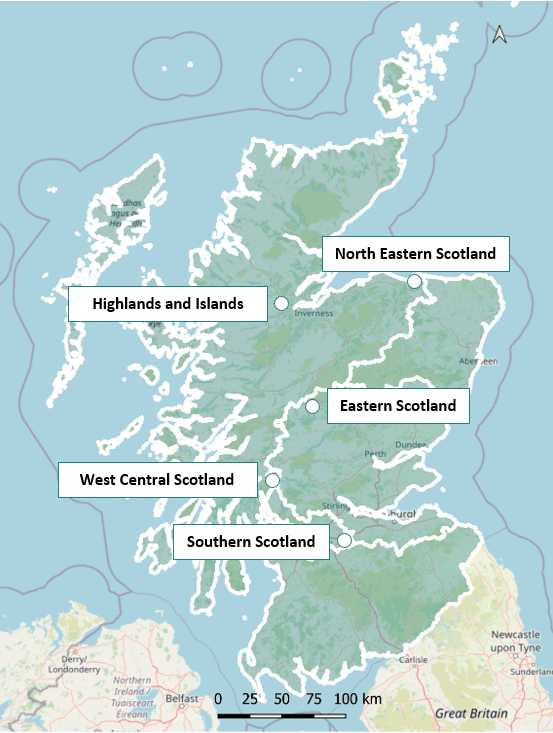 Map of Scotland showing the ITL2 regional boundaries used to develop Scotland's HGV profile. The regions are outlined in white and include mainland Scotland and the island groups, with major cities shown for reference.